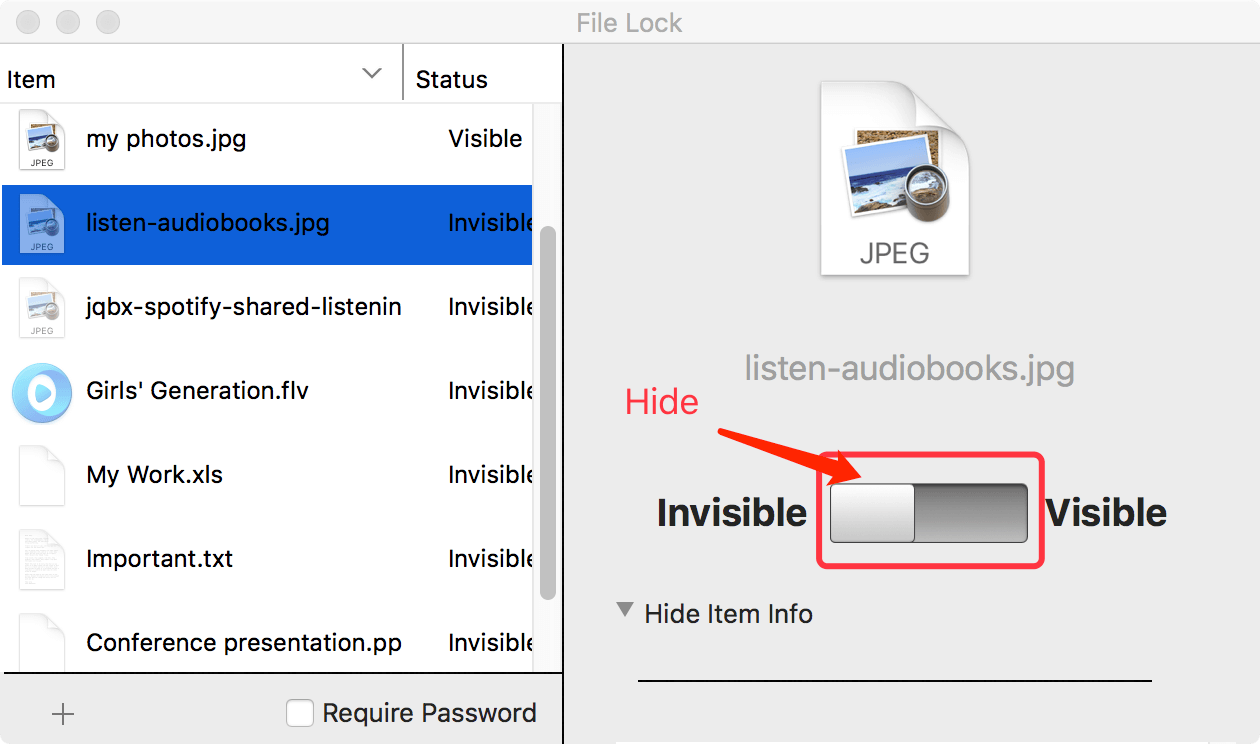 nascondi i file fotografici