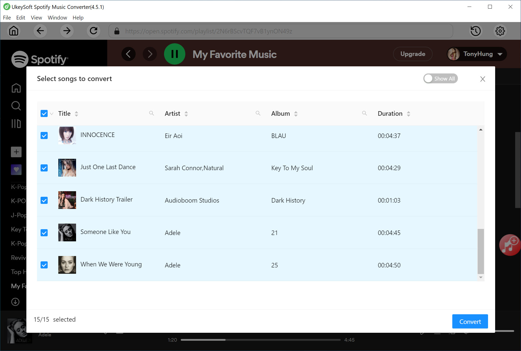 seleccionar canciones de Spotify