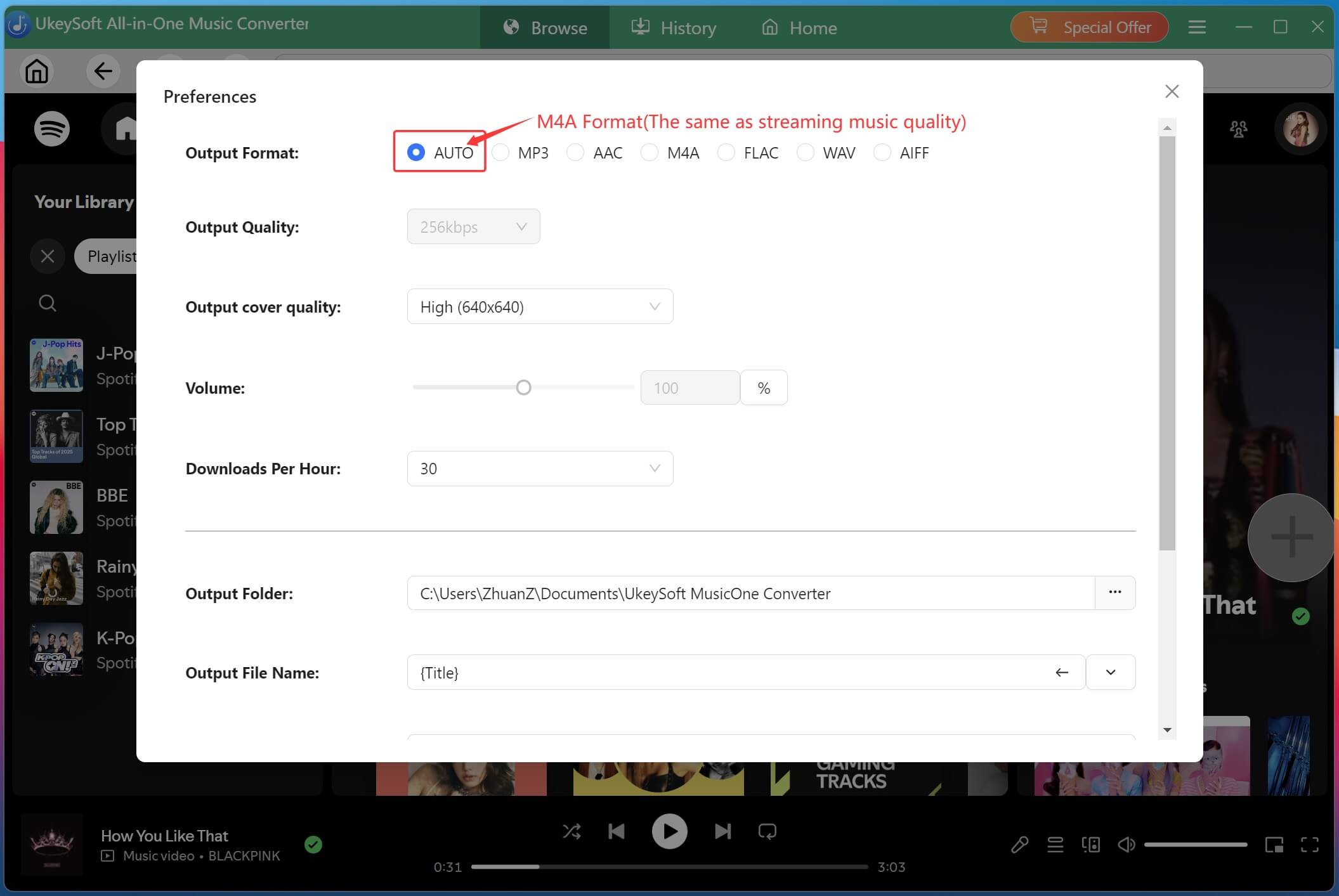 Select Auto M4A as Output Format