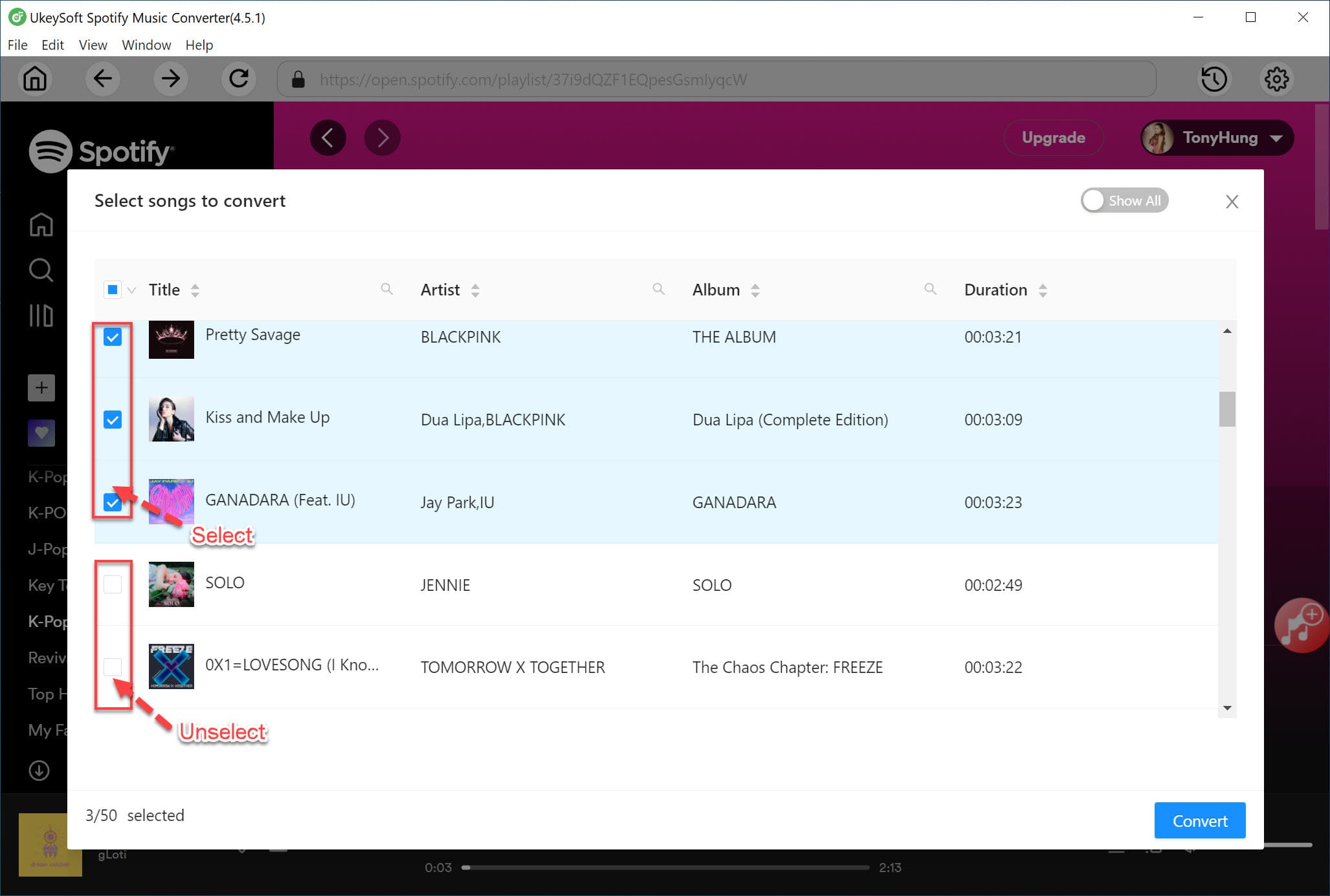 select spotify songs