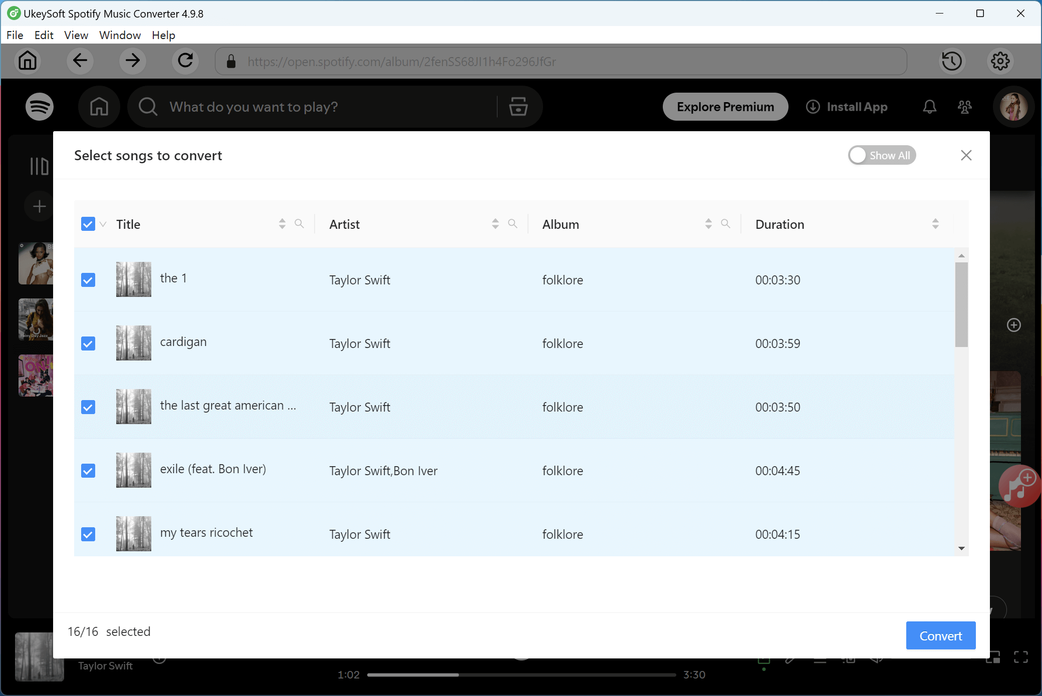 select songs in the album folklore