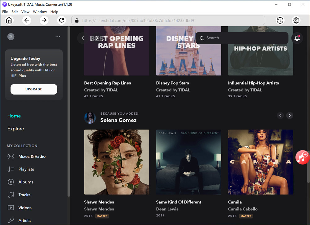 interface do conversor de música tidal ukeysoft honme