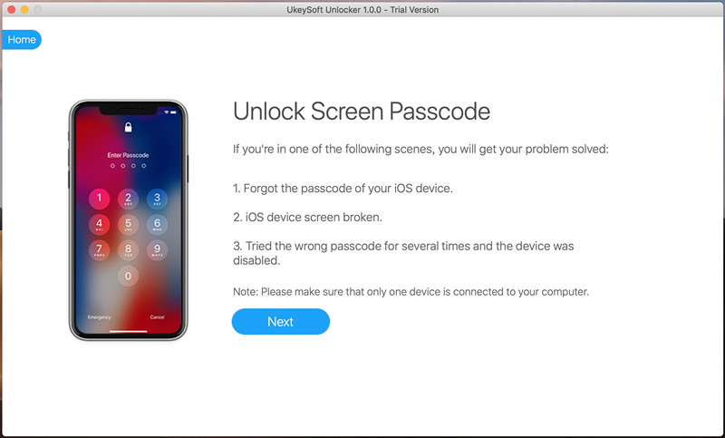 الخطوة 1. قم بتشغيل UkeySoft Unlocker وقم بتوصيل iPhone بالكمبيوتر.