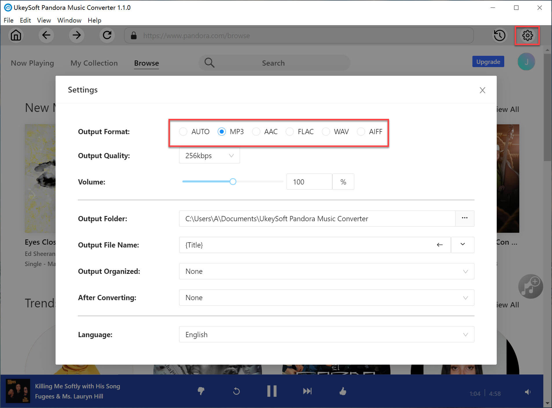 pandora music converter setting