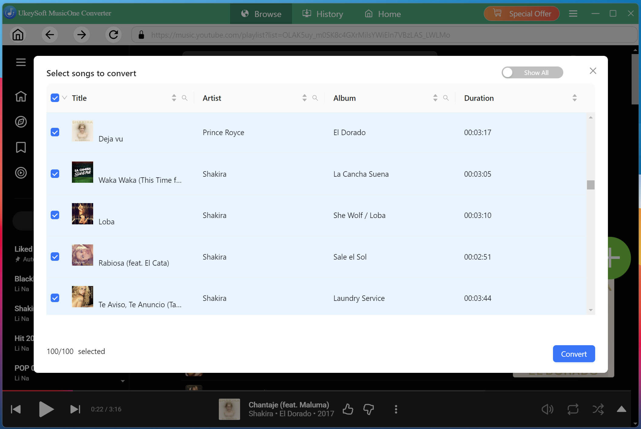 seleziona l'intera playlist di Shakira