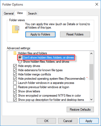 do not show the hidden files in windows 10
