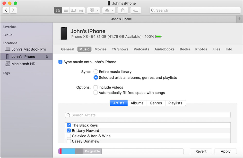 finder sync music to iphone on macos catalina
