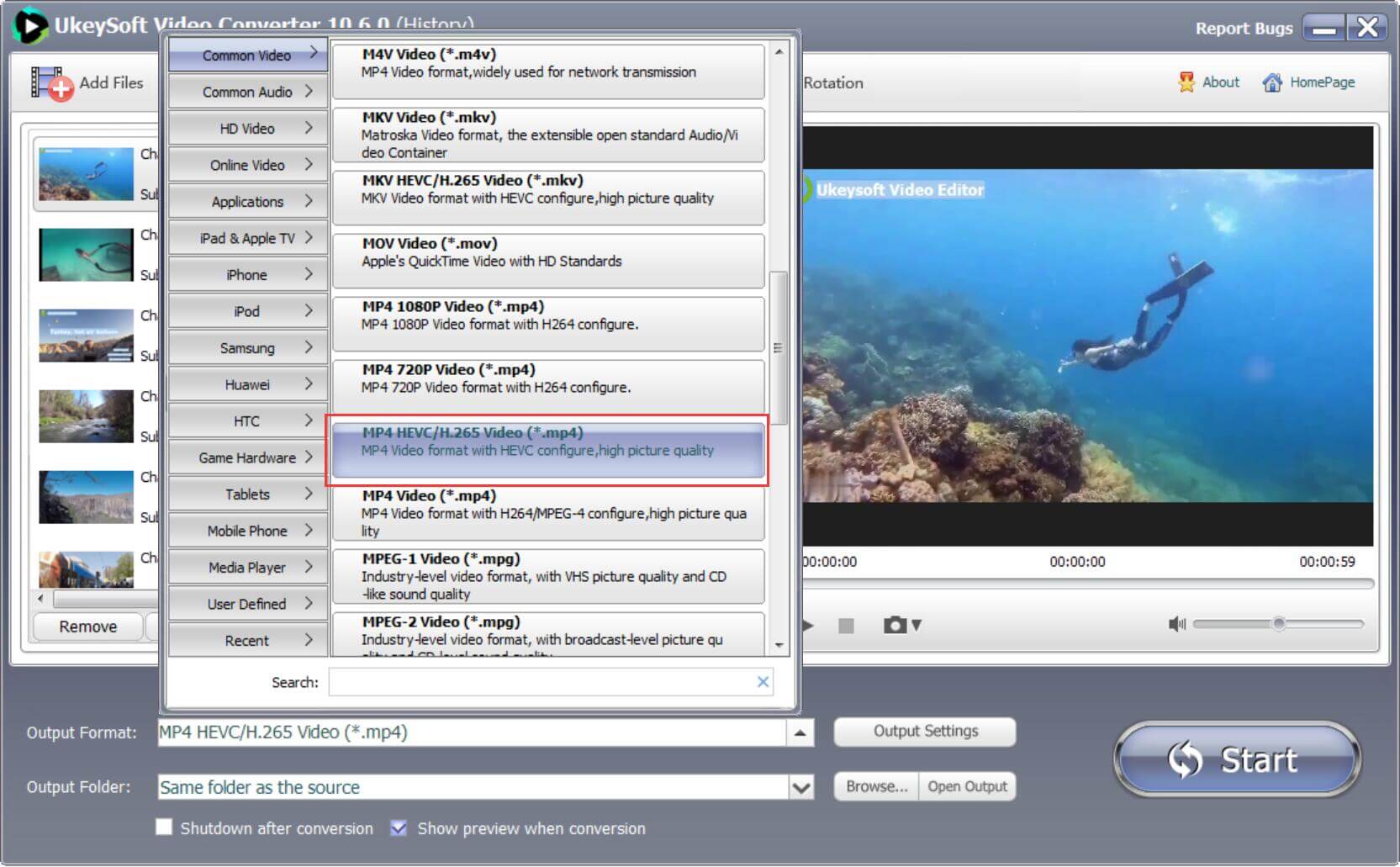 Pilih MP4 HEVC/H.265 sebagai format output