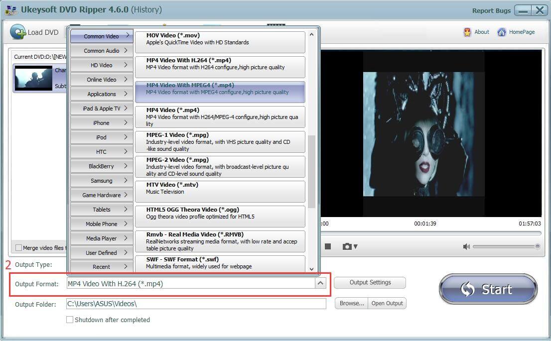 seleccione H.264 MP4 como formato de salida de video para S9