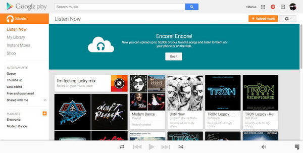 Página principal de Google Play Music