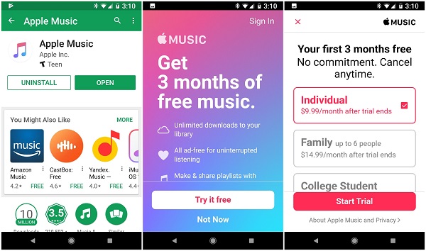 listen to apple music on android with music app