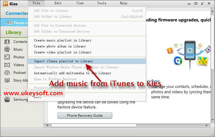 นำเข้าเพลง iTunes ไปยัง samsung kies