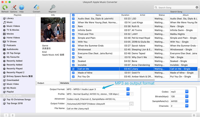 scegli il formato di output come mp3