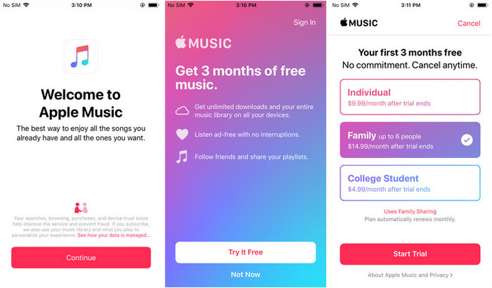 s'inscrire à l'essai gratuit de Apple Music