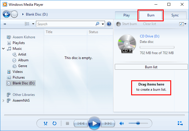 Windows Media Player צרוב Apple Music לתקליטור