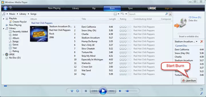 muzik epal brun ke CD dengan Windows Media Player