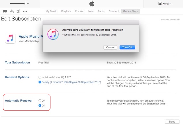 apple music disable automatic renewal itunes