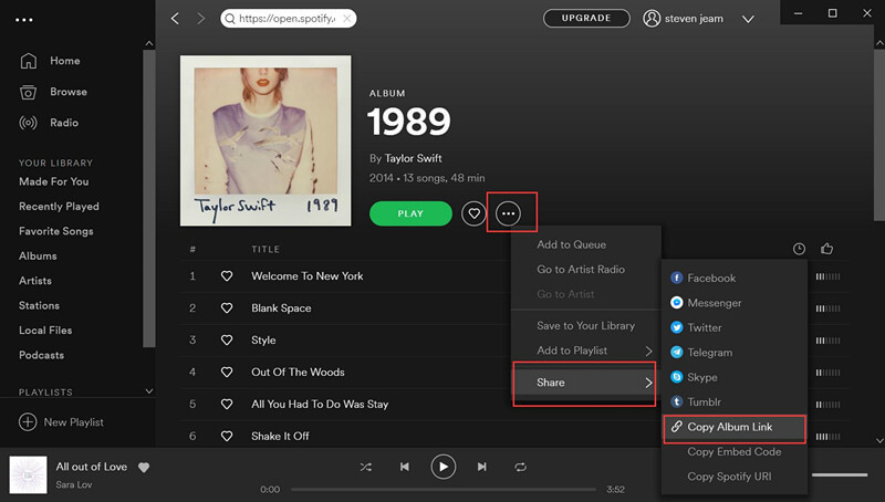 copy Spotify song and album link