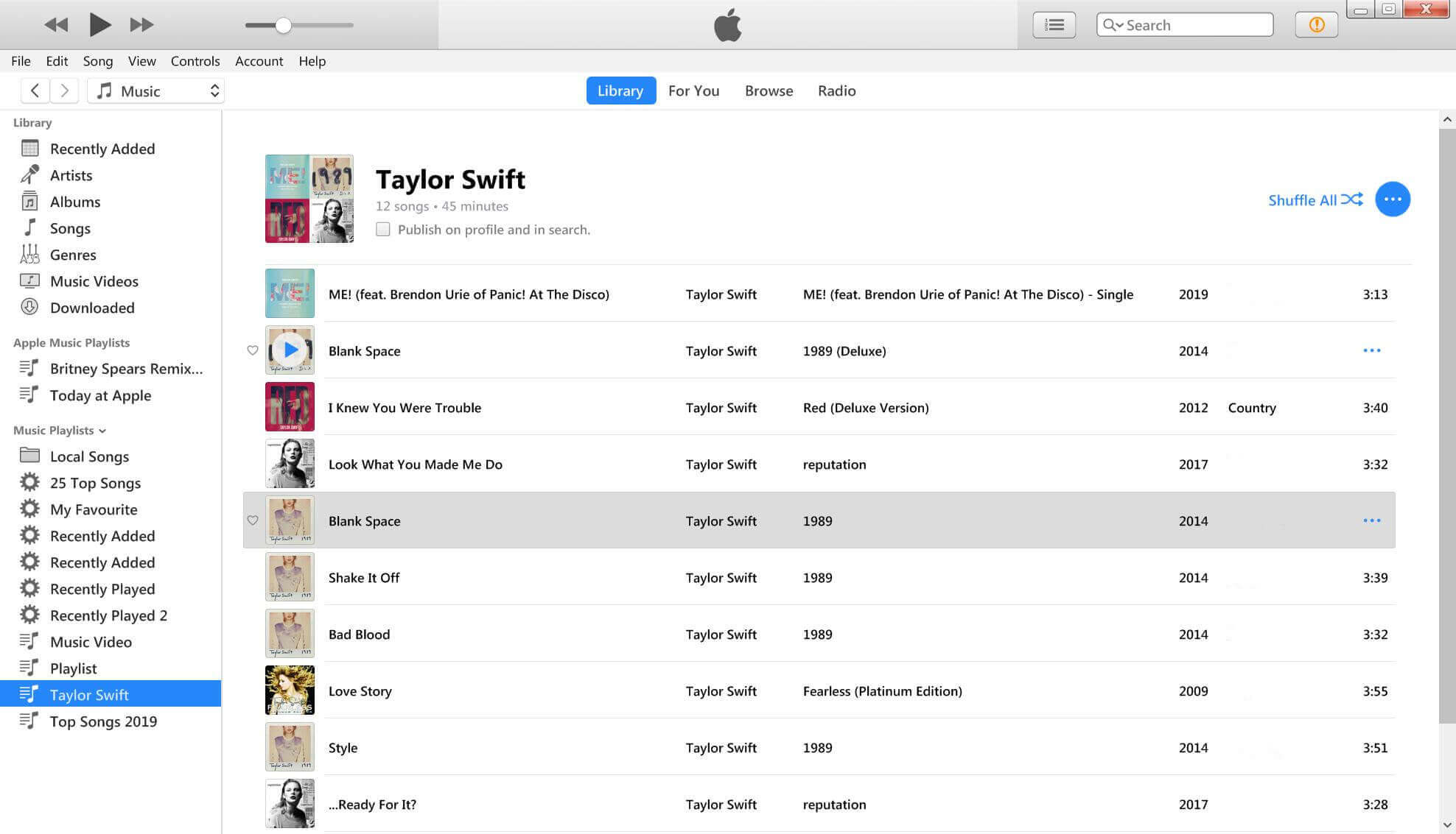 Canções Taylor Swift adicionadas à Biblioteca do iTunes