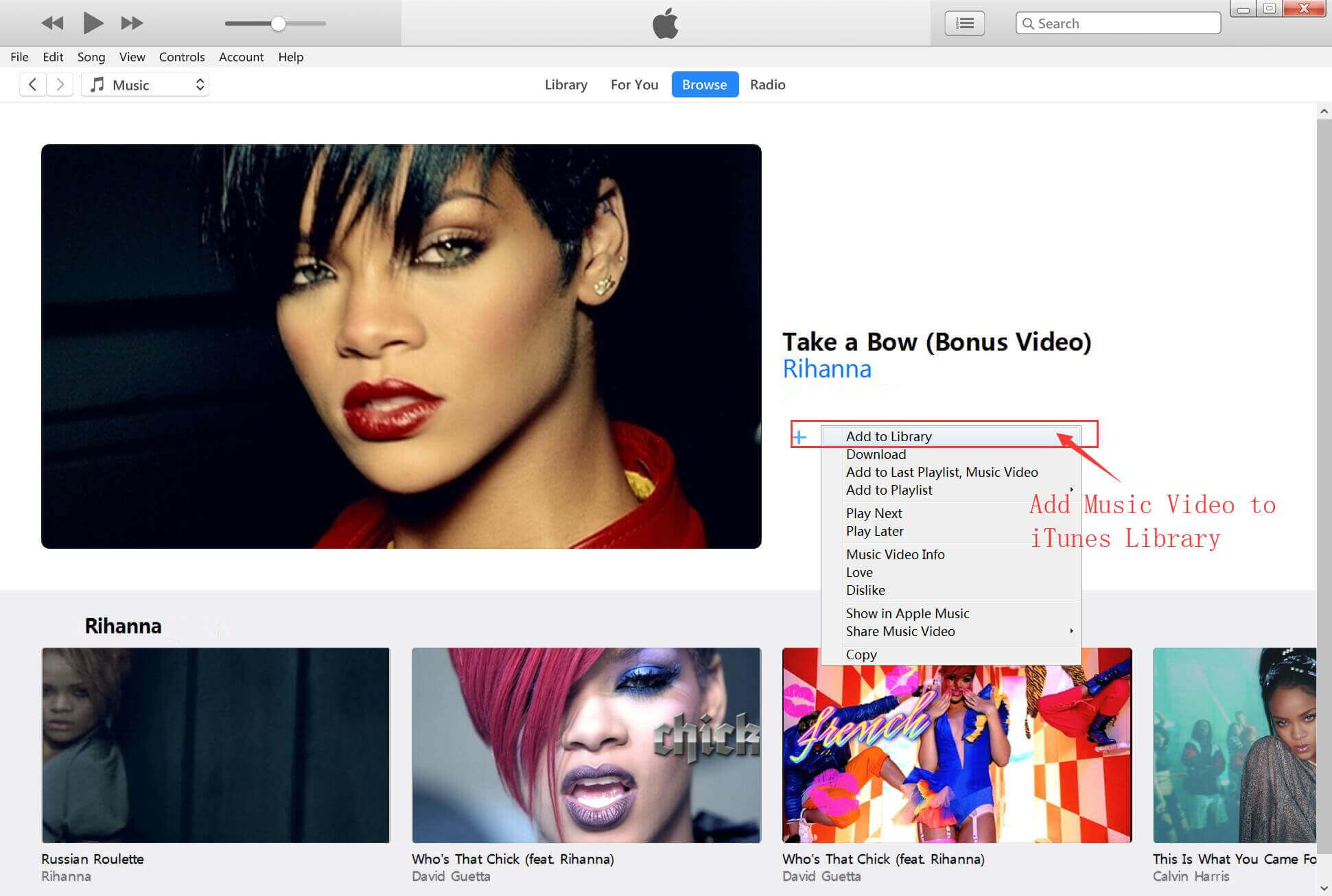 iTunes 음악 비디오를 라이브러리에 추가하십시오.