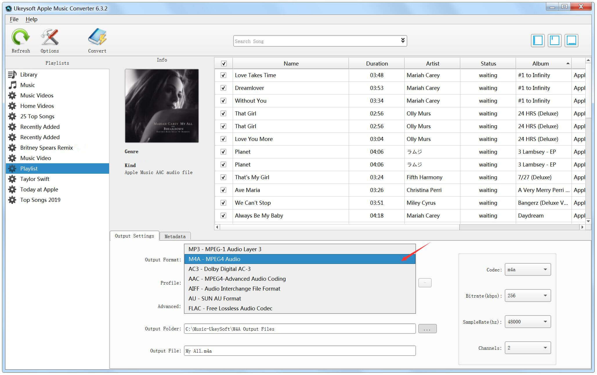 Choose M4A as output format