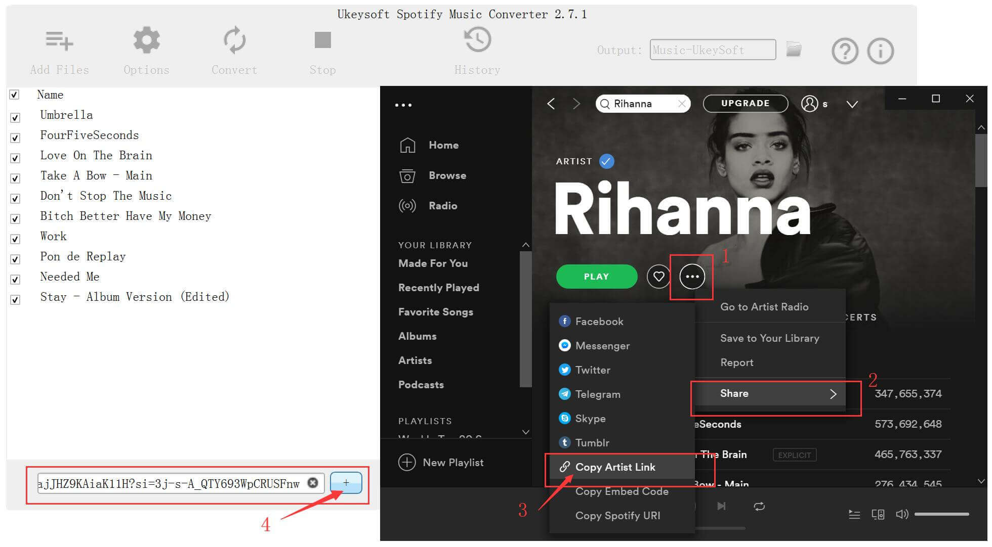 Kopieren und Einfügen von Spotify-Links