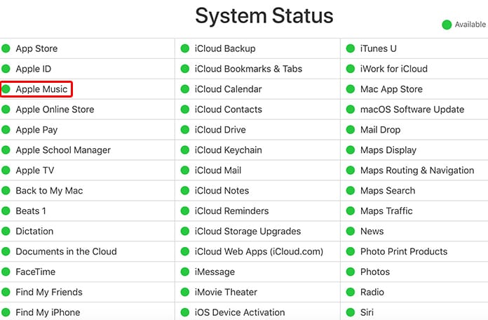 check the server status of Apple Music