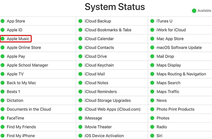 Compruebe el estado del servidor de Apple Music