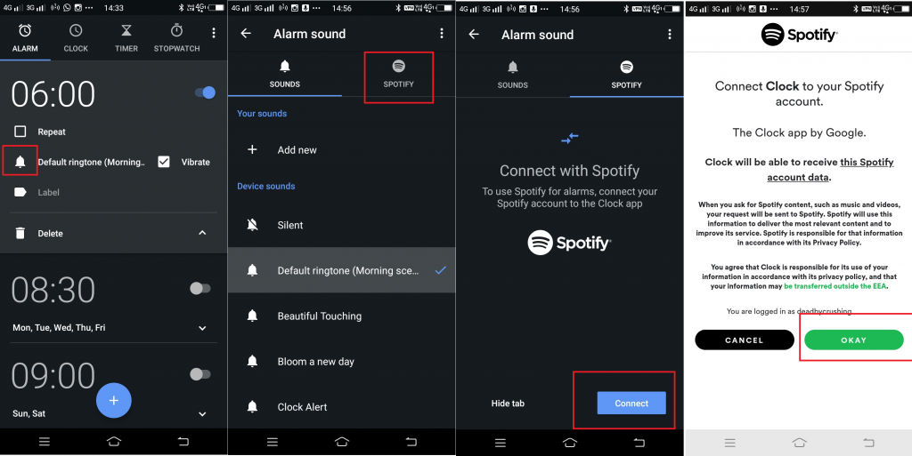 установить будильник Spotify с помощью Google Clock 1