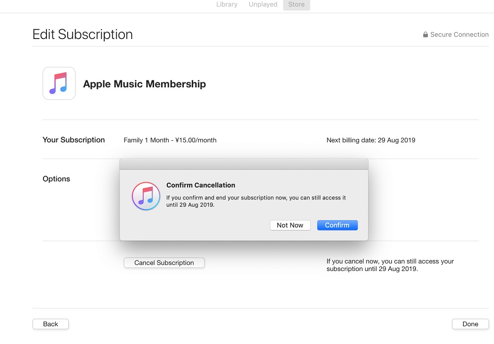 Bestätigen Sie die Apple Music Stornierung