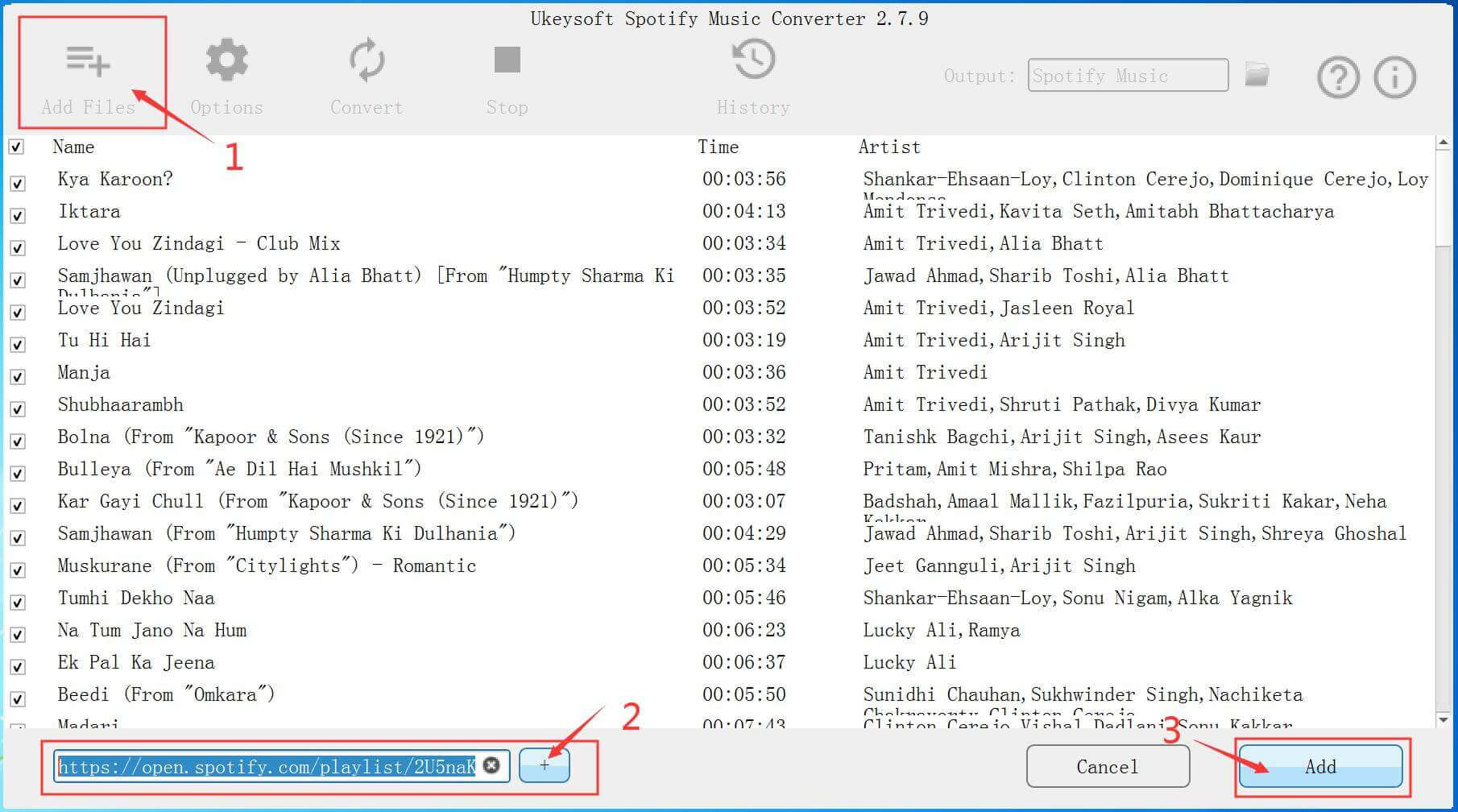 agregar canciones y lista de reproducción de hindi al convertidor