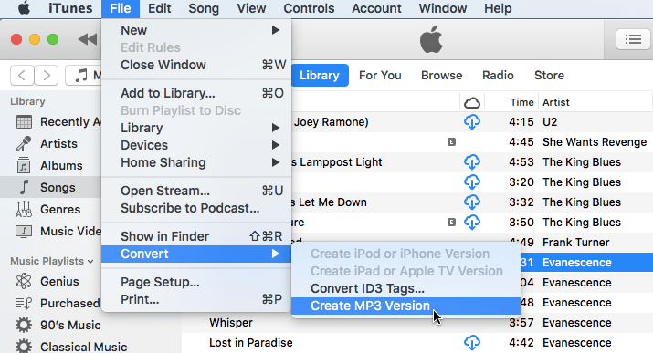 convert songs to mp3 with itunes