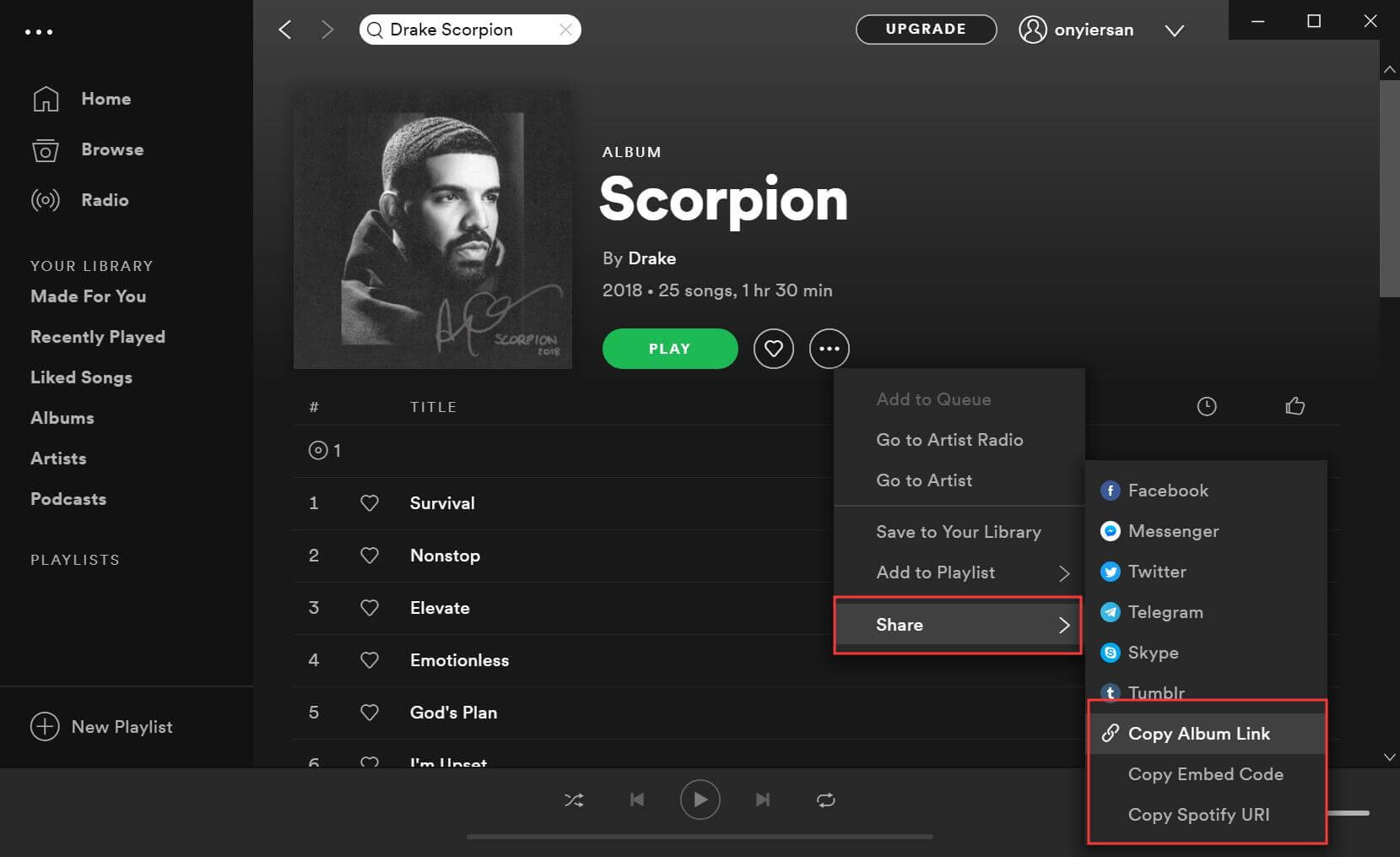 Pautan senarai main Scorpion Drake dari Spotify