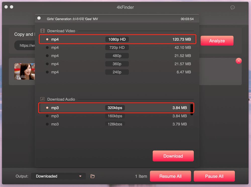 Sélectionnez le format de sortie et la résolution