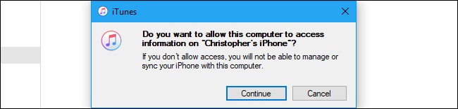 haga clic en Continuar para permitir el acceso a la computadora iphone