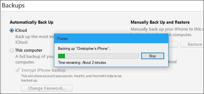 avvia il backup dell'iPhone su iTunes