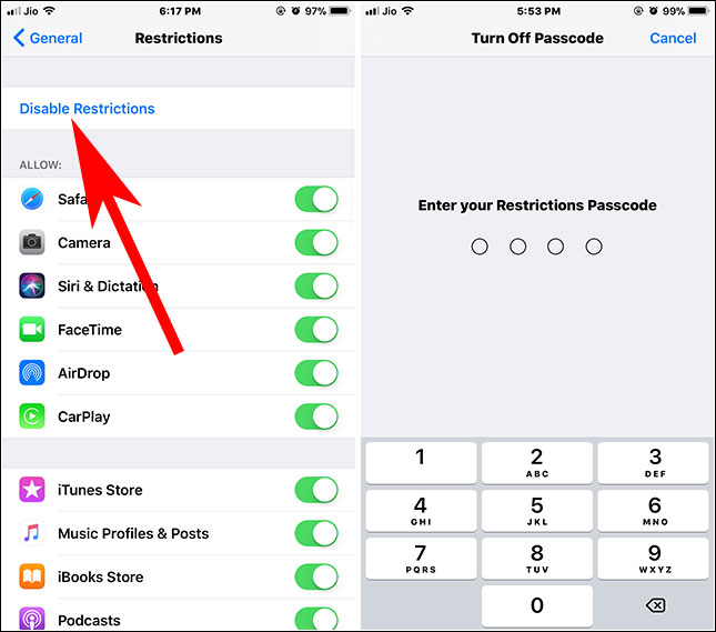disable Restriction and Enter the Current Restrictions Passcode
