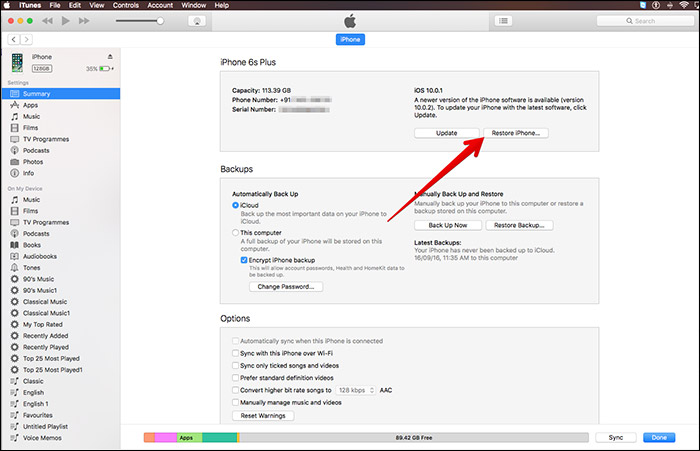 restore iphone using itunes