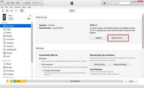 rstore ipod touch a través de itunes