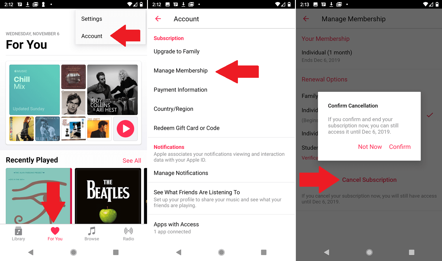 cancel apple music subscription on Android