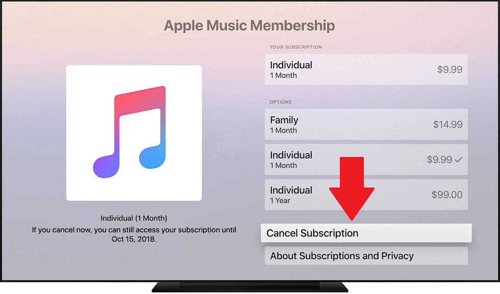 cancel apple music subscription on Apple TV