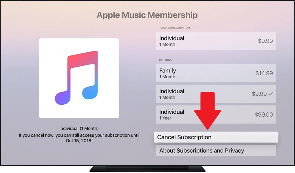 batalkan langganan muzik epal pada Apple TV