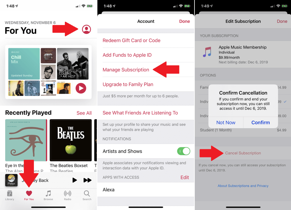 cancel apple music subscription on ios