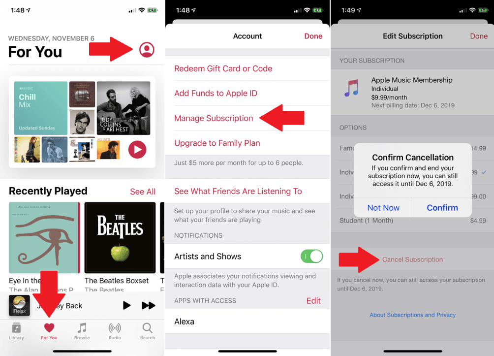 ยกเลิกการสมัคร apple music บน ios