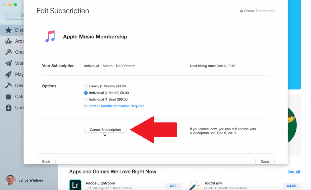 avbryt apple music på mac catalina