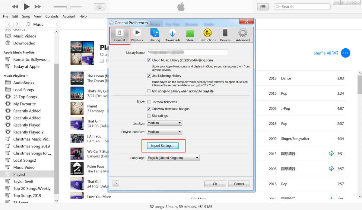 iTunes import settings