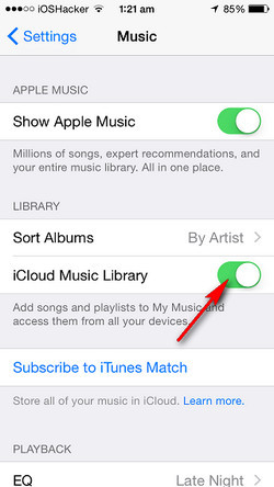 turn on icloud music library