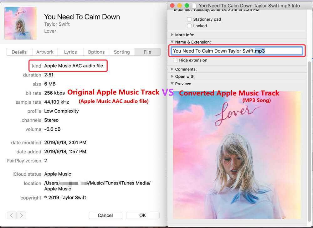 apple music aac file so với các bài hát được chuyển đổi