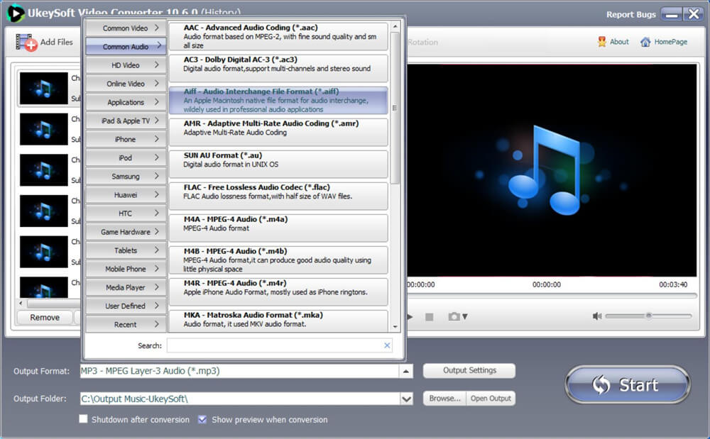 output audio format