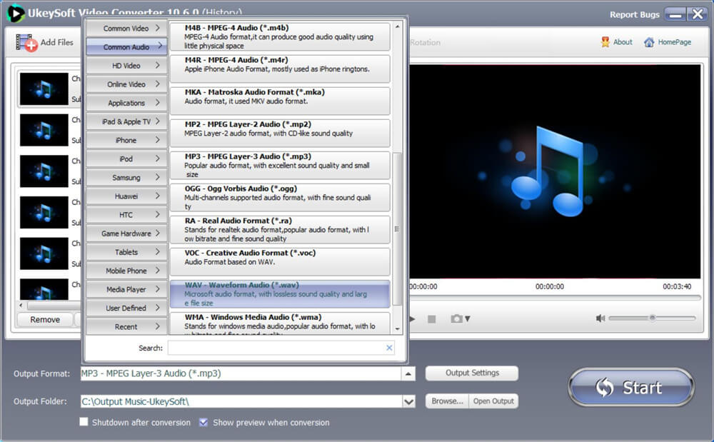 lebih banyak format audio output